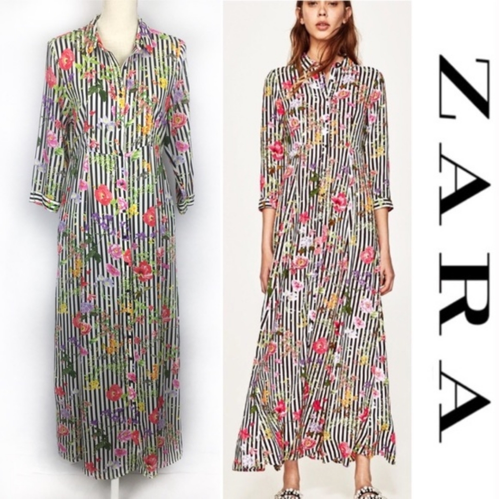 ZARA striped floral shirt dress